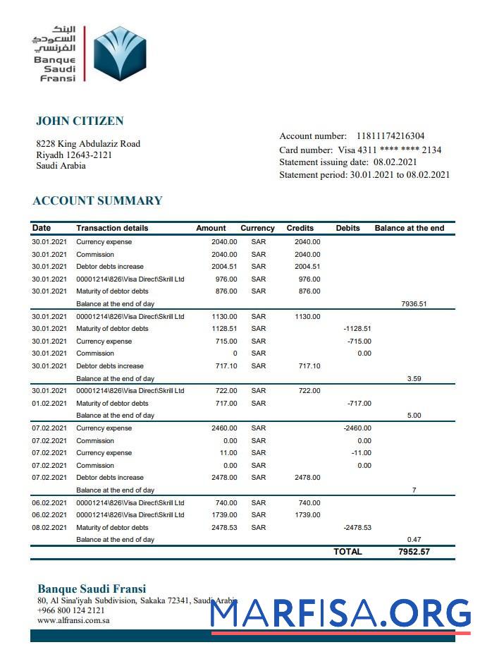 Blank Saudi Arabia Banque Saudi Fransi bank statement excel real example